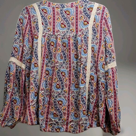 Red Camel Boho Tunic Top L Paisley Print Crochet Trim Long Sleeve Peasant Blouse - Picture 2 of 6